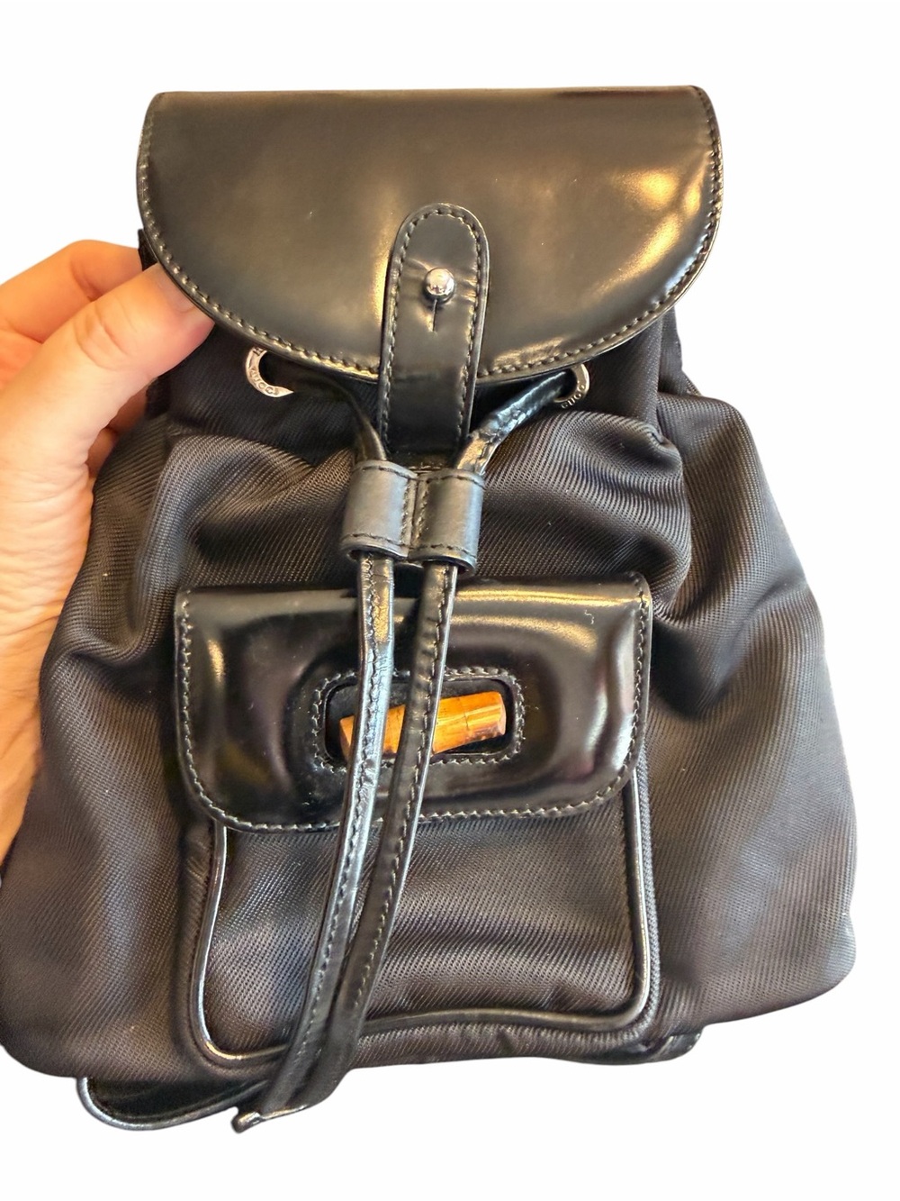 Authentic Gucci Black Backpack Mini Drawstring Nylon Leather Trim W/Dust Bag - Picture 11 of 11